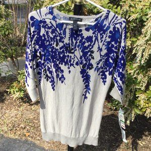 INC Sequin Blue Floral on Tan Tunic Sweater